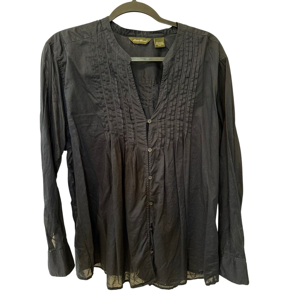 Eddie Bauer Cotton Button Up Blouse Womens Size XXL Smocked Navy Blue Minimalist